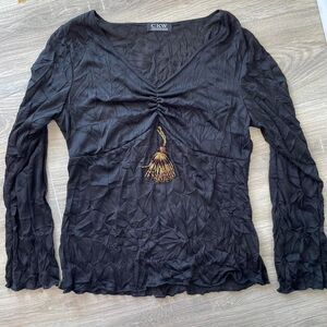 Vintage 90's Black Long Sleeve Crinkle Top W/ Beaded Tassel Fairy Goth Y2K Boho
